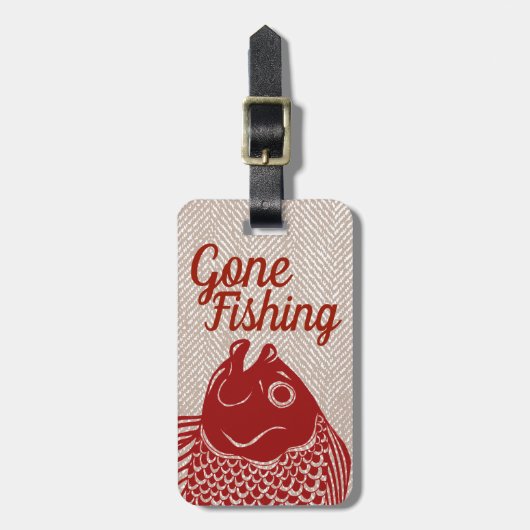 Roter Fischkopf und Taupe Herringbone Gepäckanhänger (Vorderseite vertikal)