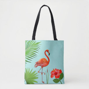 Roter Flamingo, Hibiscus & Tropische Palmwedel-Tas Tasche
