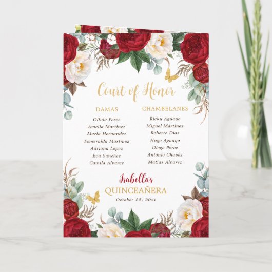 Roter Flora Quinceanera Princess Padrinos Event Programm (Rückseite)