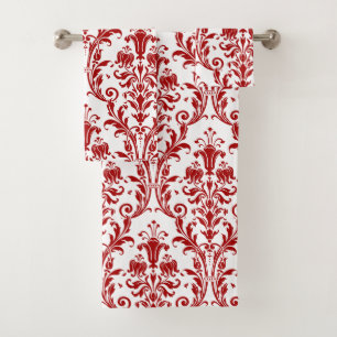 Roter Floral Damask auf Weiß Badhandtuch Set