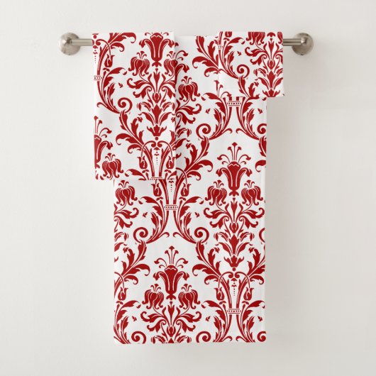 Roter Floral Damask auf Weiß Badhandtuch Set (Insitu)