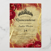 Roter Floral Scroll Quinceanera Folieneinladung (Vorderseite)