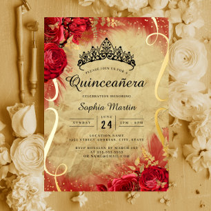 Roter Floral Scroll Quinceanera Folieneinladung