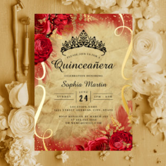 Roter Floral Scroll Quinceanera Folieneinladung