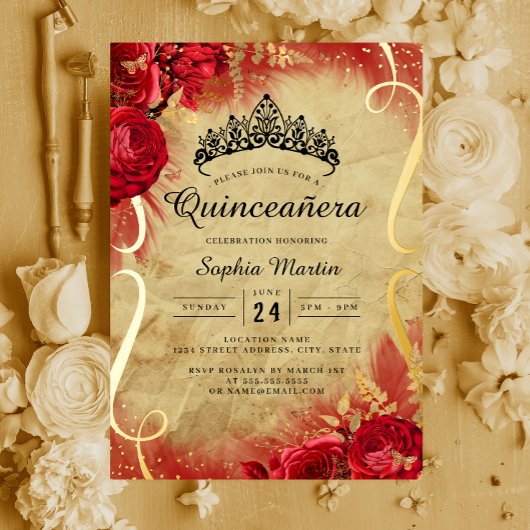 Roter Floral Scroll Quinceanera Folieneinladung