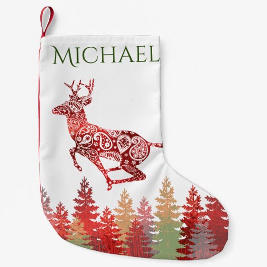 Roter Folien-Ren-Waldname Kleiner Weihnachtsstrumpf (Vorderseite)