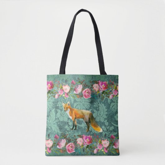 Roter Fox auf grünem Damast-Druck mit rosa Rosen Tasche (Vorderseite)
