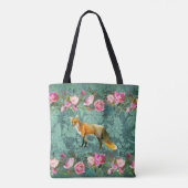 Roter Fox auf grünem Damast-Druck mit rosa Rosen Tasche (Rückseite)