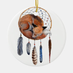 Roter Fox, der auf Dreamcatcher schläft Keramik Ornament