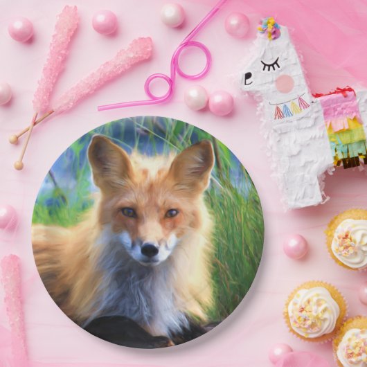 Roter Fox im Gras Landschaftliche Tierwelt Pappteller (Party)