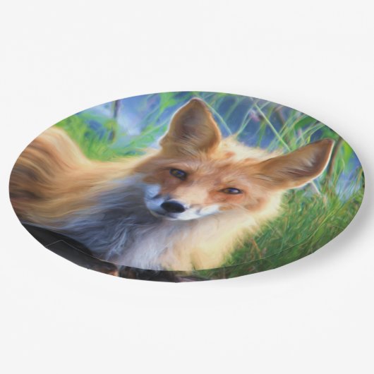 Roter Fox im Gras Landschaftliche Tierwelt Pappteller (Schrägansicht)