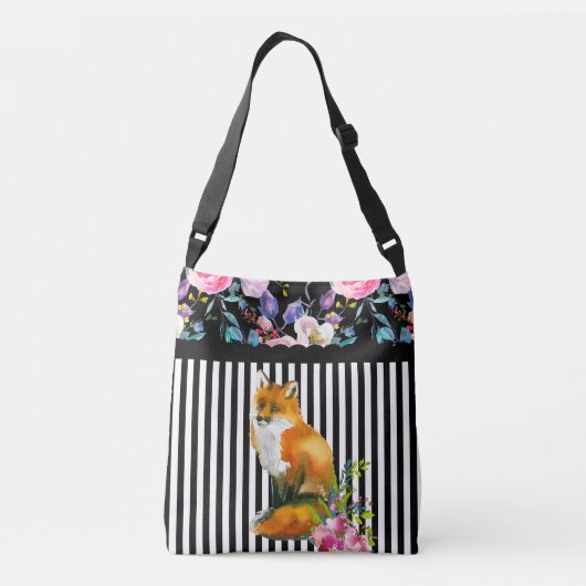 Roter Fox mit Blumen u. Streifen Crossbody Tasche (Rückseite)