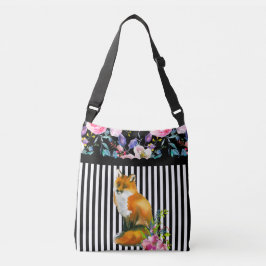 Roter Fox mit Blumen u. Streifen Crossbody Tasche