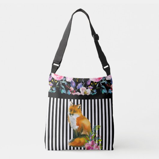 Roter Fox mit Blumen u. Streifen Crossbody Tasche (Vorderseite)