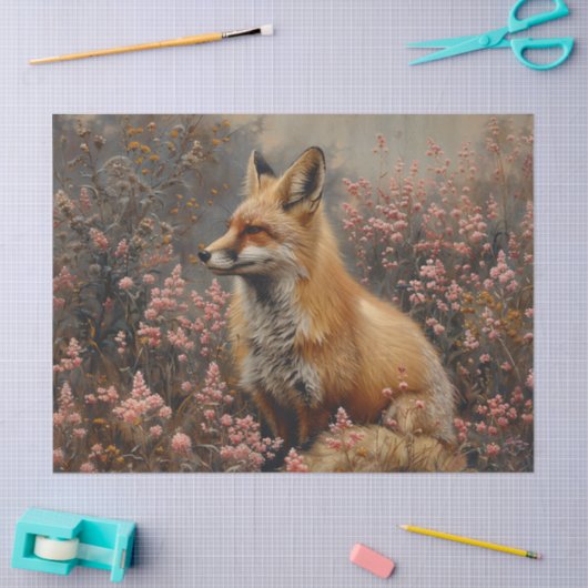 Roter Fox mit rosa Wildblumen Decoupage Seidenpapier (Basteln)