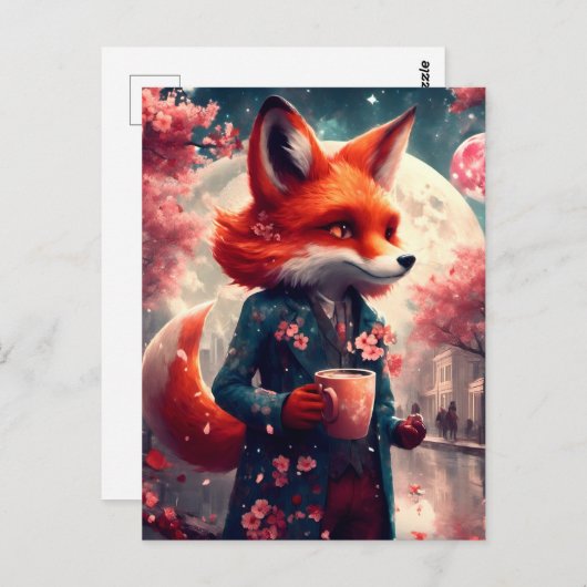Roter Fuchs bei einem Spaziergang mit Kaffeekirsch Postkarte (Vorne/Hinten)