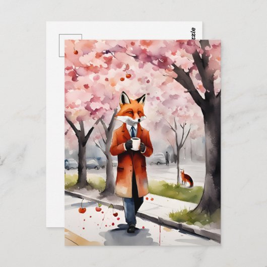 Roter Fuchs bei einem Spaziergang mit Kaffeekirsch Postkarte (Vorne/Hinten)