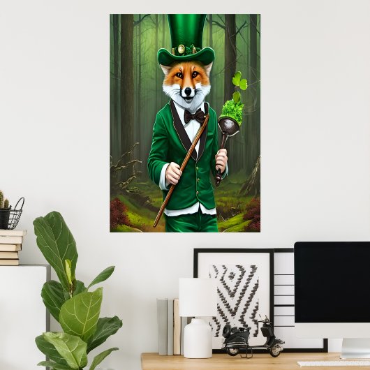 Roter Fuchs in grünen Kleidern | AI Art Poster (Heimbüro)