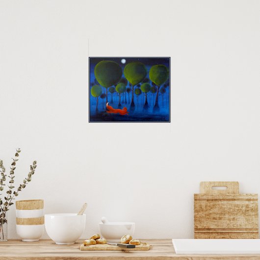 Roter Fuchs mit Bäumen in der Nachtzeit. Poster (Küche)