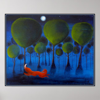 Roter Fuchs mit Bäumen in der Nachtzeit. Poster