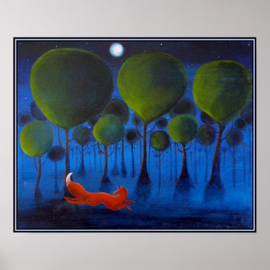 Roter Fuchs mit Bäumen in der Nachtzeit. Poster (Vorne)