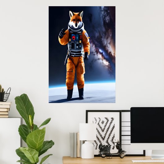 Roter Fuchs mit einem coolen Space Anzug | AI Art Poster (Heimbüro)
