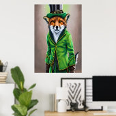 Roter Fuchs mit grüner Kleidung | AI Art Poster (Heimbüro)