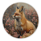 Roter Fuchs mit rosa Wildblumen Malerei Keramikknauf (Vorderseite)