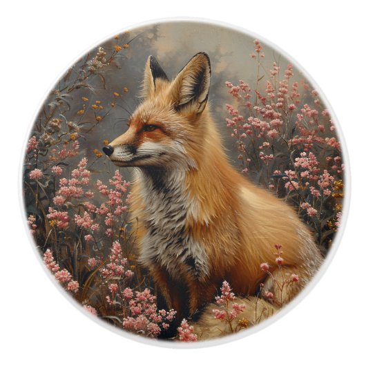 Roter Fuchs mit rosa Wildblumen Malerei Keramikknauf (Vorderseite)