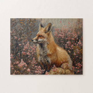 Roter Fuchs mit rosa Wildblumen Malerei Puzzle