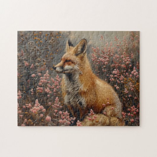 Roter Fuchs mit rosa Wildblumen Malerei Puzzle (Horizontal)