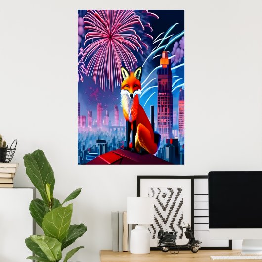 Roter Fuchs und Feuerwerk | AI Art Poster (Heimbüro)