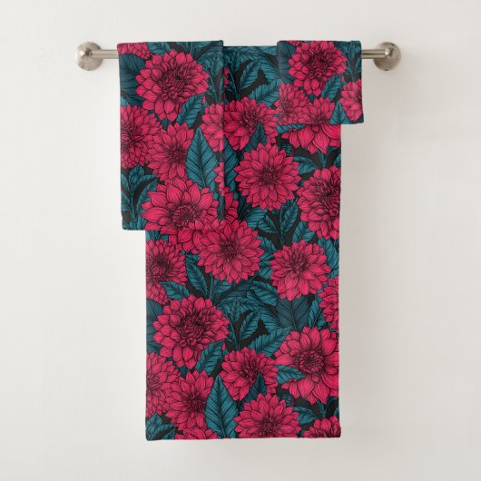 Roter Garten Dahlia/blaue Blätter Badhandtuch Set (Insitu)