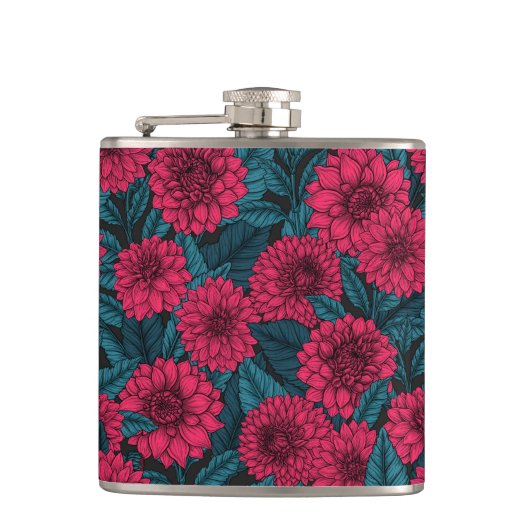 Roter Garten Dahlia/blaue Blätter Flachmann (Vorderseite)