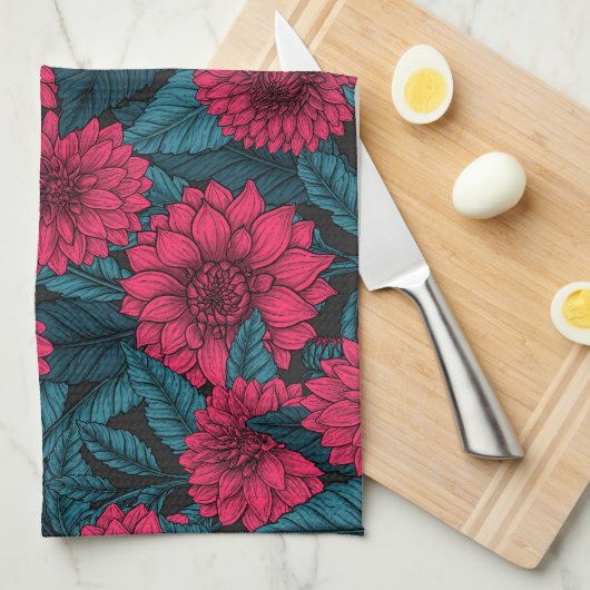 Roter Garten Dahlia/blaue Blätter Geschirrtuch (Viertel Falte)