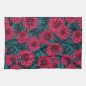 Roter Garten Dahlia/blaue Blätter Geschirrtuch (Horizontal)