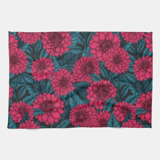 Roter Garten Dahlia/blaue Blätter Geschirrtuch (Horizontal)