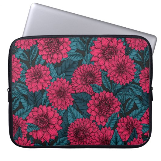 Roter Garten Dahlia/blaue Blätter Laptopschutzhülle (Vorderseite)
