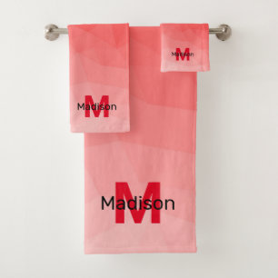 Roter geometrischer Maschenmuster-Monogramm Badhandtuch Set