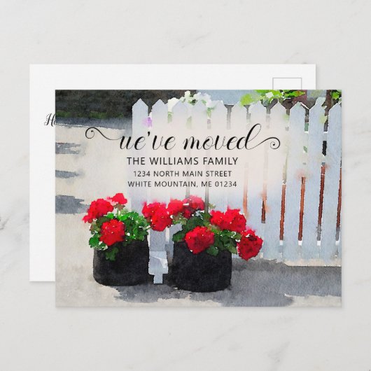 Roter Geranium Blume Pots Picket Fence Moving Ankündigungspostkarte (Vorne/Hinten)