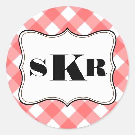 Roter Gingham 3 Monogramm Buchstaben Landhausstil Runder Aufkleber (Vorderseite)