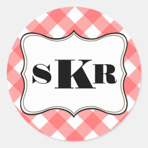 Roter Gingham 3 Monogramm-Buchstaben Runder Aufkleber