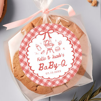 Roter Gingham-Barbecue-Baby-Q-Baby-Shower-Aufklebe Runder Aufkleber
