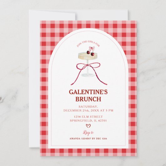 Roter Gingham-Galentine’s-Brunch-Kirschen-Cocktail Einladung (Vorderseite)