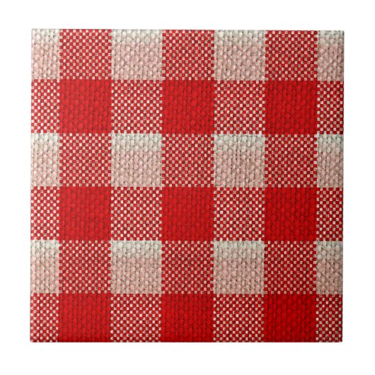 Roter Gingham-karierter Muster-Leinwand-Blick Fliese (Vorderseite)