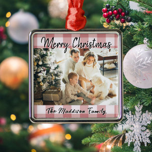 Roter Gingham Karo Frohe Weihnachten Schrift Foto Ornament Aus Metall