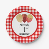 Roter Gingham & Luftballons 1. Geburtstag Pappteller (Vorderseite)