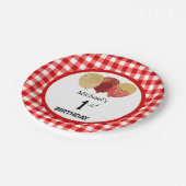 Roter Gingham & Luftballons 1. Geburtstag Pappteller (Schrägansicht)