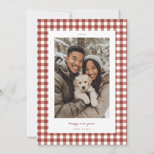 Roter Gingham Neujahrsfoto Feiertagskarte (Vorderseite)