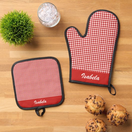 Roter Gingham Ofenhandschuh & Topflappen-Set (Oben Unten)